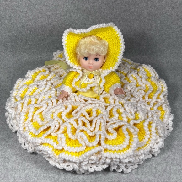 Handmade Other - Vintage Bed Doll 13”‎ Handmade Crochet Yellow White Dress Bonnet Sleepy Eyes
